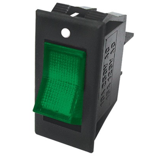 Switch rectangular balancín con foco piloto color verde 1P 1T 835-066
